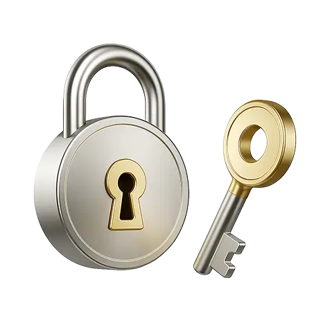 Silver padlock and gold key symbolizing security and access.